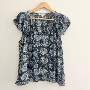 Lucky Brand Lightweight Floral Blue Women's Top Sz Medium Boho Cottage Style